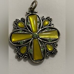 Vintage Boho Art Glass Cross Pendant – Yellow Cat Eye & Green Rhinestones